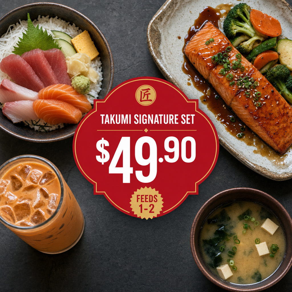 Takumi Signature Set — Chirashi Don, salmon teriyaki, Thai tea and miso soup