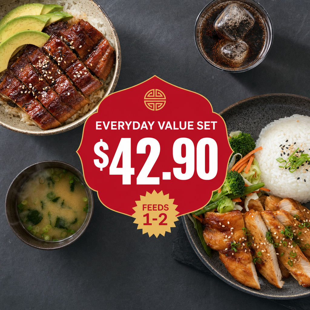 Everyday Value Set — Unagi Don, chicken teriyaki, cola and miso soup